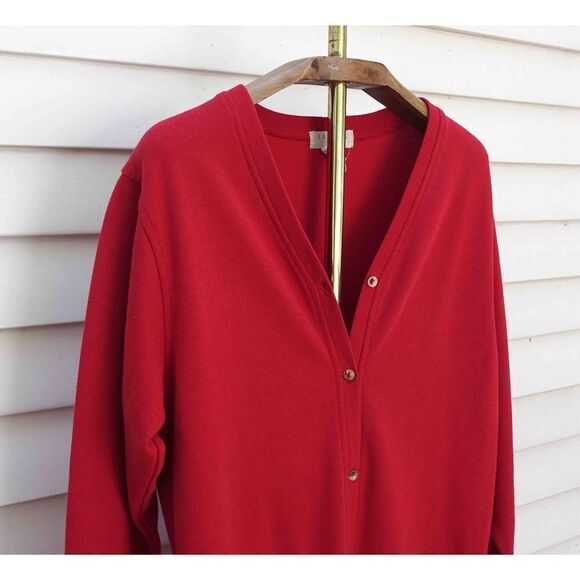 Vintage 90s Express Tricot Red V-Neck Cardigan Sweater - Picture 2 of 6